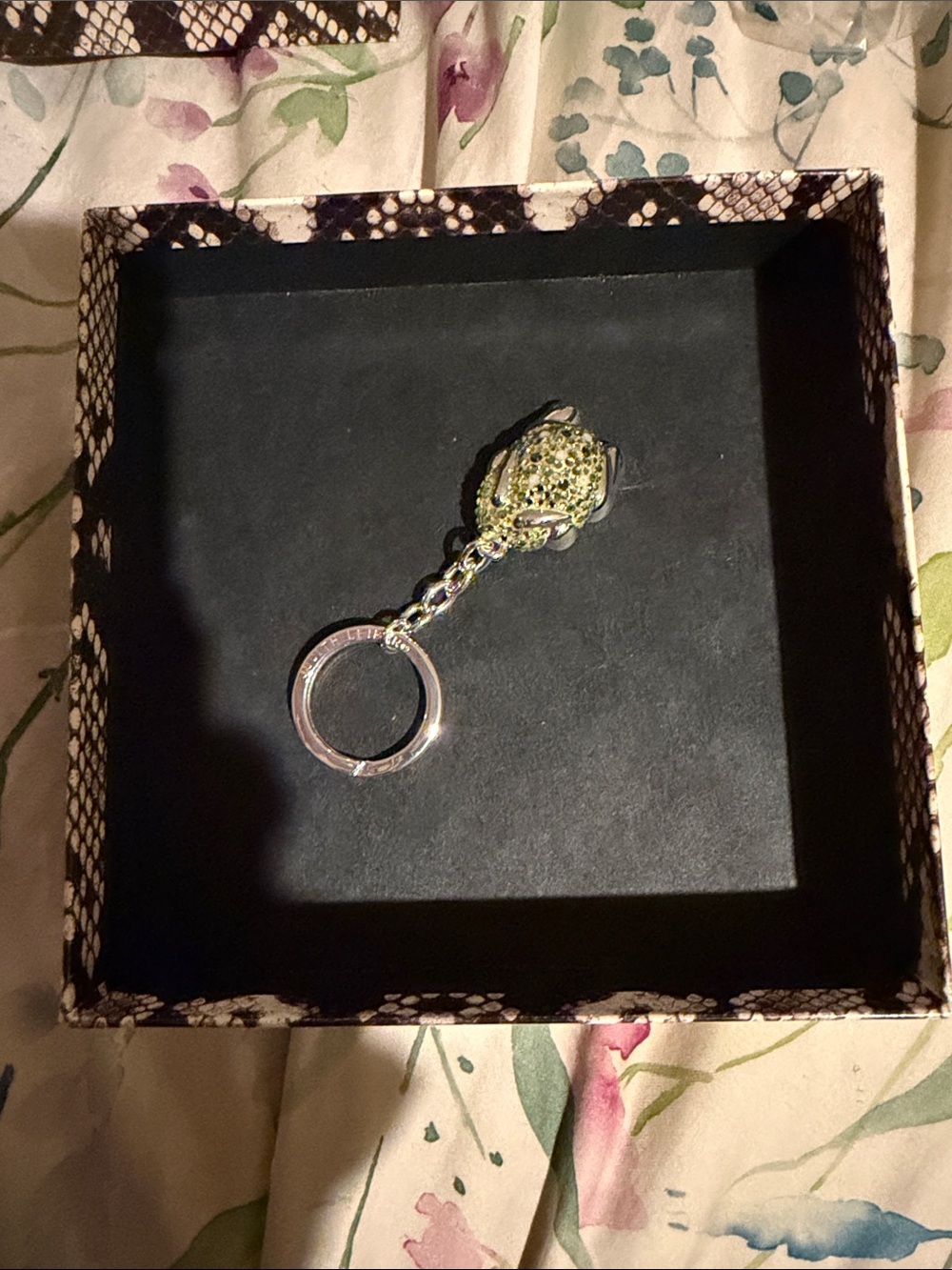 Judith Leiber Green Crystal Frog Keyring with Silver Tone Ring